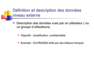 Définition et description des données
niveau externe
 Description des données vues par un utilisateur ( ou
un groupe d’utilisateurs)
 Objectifs : simplification, confidentialité
 Exemple : OUVRAGES édité par des éditeurs français
 
