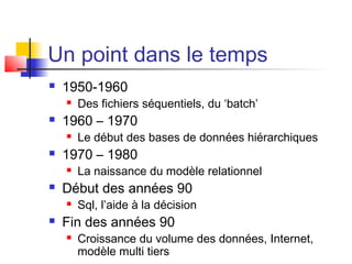 Un point dans le temps
 1950-1960
 Des fichiers séquentiels, du ‘batch’
 1960 – 1970
 Le début des bases de données hiérarchiques
 1970 – 1980
 La naissance du modèle relationnel
 Début des années 90
 Sql, l’aide à la décision
 Fin des années 90
 Croissance du volume des données, Internet,
modèle multi tiers
 