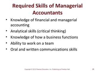 Copyright © 2010 Pearson Education, Inc. Publishing as Prentice Hall.
Required Skills of Managerial
Accountants
• Knowledge of financial and managerial
accounting
• Analytical skills (critical thinking)
• Knowledge of how a business functions
• Ability to work on a team
• Oral and written communications skills
26
 