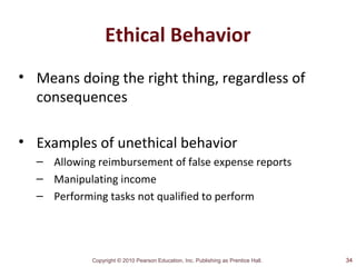 Copyright © 2010 Pearson Education, Inc. Publishing as Prentice Hall.
Ethical Behavior
• Means doing the right thing, regardless of
consequences
• Examples of unethical behavior
– Allowing reimbursement of false expense reports
– Manipulating income
– Performing tasks not qualified to perform
34
 