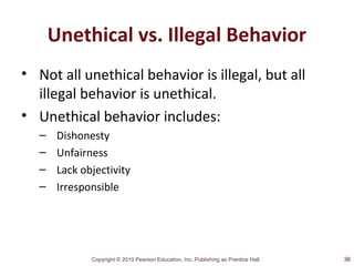 Copyright © 2010 Pearson Education, Inc. Publishing as Prentice Hall.
Unethical vs. Illegal Behavior
• Not all unethical behavior is illegal, but all
illegal behavior is unethical.
• Unethical behavior includes:
– Dishonesty
– Unfairness
– Lack objectivity
– Irresponsible
36
 