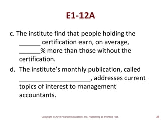 Copyright © 2010 Pearson Education, Inc. Publishing as Prentice Hall.
E1-12A
c. The institute find that people holding the
______ certification earn, on average,
______% more than those without the
certification.
d. The institute’s monthly publication, called
____________________, addresses current
topics of interest to management
accountants.
38
 