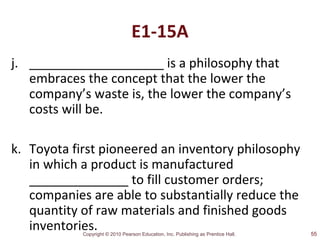 Copyright © 2010 Pearson Education, Inc. Publishing as Prentice Hall.
E1-15A
j. ___________________ is a philosophy that
embraces the concept that the lower the
company’s waste is, the lower the company’s
costs will be.
k. Toyota first pioneered an inventory philosophy
in which a product is manufactured
______________ to fill customer orders;
companies are able to substantially reduce the
quantity of raw materials and finished goods
inventories. 55
 