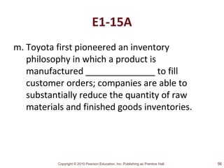 Copyright © 2010 Pearson Education, Inc. Publishing as Prentice Hall.
E1-15A
m. Toyota first pioneered an inventory
philosophy in which a product is
manufactured ______________ to fill
customer orders; companies are able to
substantially reduce the quantity of raw
materials and finished goods inventories.
56
 