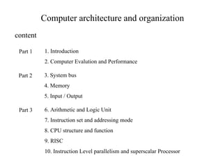 Computer architecture and organization
content
Part 1 1. Introduction
2. Computer Evalution and Performance
Part 2 3. System bus
4. Memory
5. Input / Output
Part 3 6. Arithmetic and Logic Unit
7. Instruction set and addressing mode
8. CPU structure and function
9. RISC
10. Instruction Level parallelism and superscalar Processor
 
