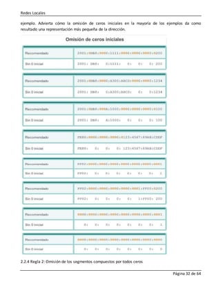 Redes Locales
Página 32 de 64
ejemplo. Advierta cómo la omisión de ceros iniciales en la mayoría de los ejemplos da como
resultado una representación más pequeña de la dirección.
2.2.4 Regla 2: Omisión de los segmentos compuestos por todos ceros
 