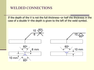 WELDED CONNECTIONS
If the depth of the V is not the full thickness--or half the thickness in the
case of a double V--the depth is given to the left of the weld symbol.
 