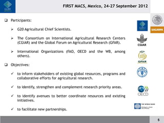 FIRST MACS, Mexico, 24-27 September 2012


 Participants:

      G20 Agricultural Chief Scientists.

      The Consortium on International Agricultural Research Centers
       (CGIAR) and the Global Forum on Agricultural Research (GFAR).

      International Organizations (FAO, OECD and the WB, among
       others).

 Objectives:

    to inform stakeholders of existing global resources, programs and
     collaborative efforts for agricultural research.

    to identify, strengthen and complement research priority areas.

    to identify avenues to better coordinate resources and existing
     initiatives.

    to facilitate new partnerships.

                                                                              5
 