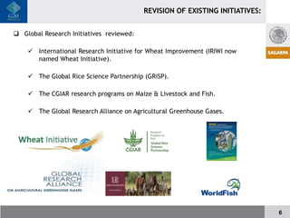 REVISION OF EXISTING INITIATIVES:


 Global Research Initiatives reviewed:

     International Research Initiative for Wheat Improvement (IRIWI now
      named Wheat Initiative).

     The Global Rice Science Partnership (GRiSP).

     The CGIAR research programs on Maize & Livestock and Fish.

     The Global Research Alliance on Agricultural Greenhouse Gases.




                                                                              6
 