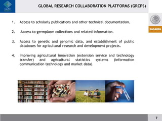 GLOBAL RESEARCH COLLABORATION PLATFORMS (GRCPS)


1.   Access to scholarly publications and other technical documentation.

2.   Access to germplasm collections and related information.

3.   Access to genetic and genomic data, and establishment of public
     databases for agricultural research and development projects.

4.   Improving agricultural innovation (extension service and technology
     transfer)  and     agricultural  statistics  systems    (information
     communication technology and market data).




                                                                            7
 