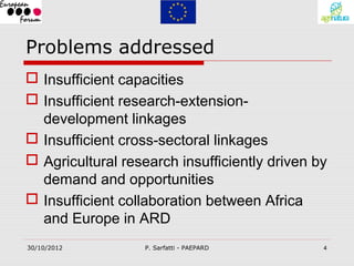 Problems addressed
 Insufficient capacities
 Insufficient research-extension-
  development linkages
 Insufficient cross-sectoral linkages
 Agricultural research insufficiently driven by
  demand and opportunities
 Insufficient collaboration between Africa
  and Europe in ARD
30/10/2012         P. Sarfatti - PAEPARD       4
 