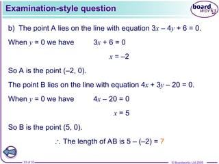 © Boardworks Ltd 2005
33 of 33
Examination-style question
b) The point A lies on the line with equation 3x – 4y + 6 = 0.
When y = 0 we have 3x + 6 = 0
So A is the point (–2, 0).
x = –2
The point B lies on the line with equation 4x + 3y – 20 = 0.
When y = 0 we have 4x – 20 = 0
So B is the point (5, 0).
x = 5
 The length of AB is 5 – (–2) = 7
 