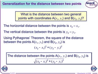 © Boardworks Ltd 2005
5 of 33
Generalization for the distance between two points
What is the distance between two general
points with coordinates A(x1, y1) and B(x2, y2)?
The horizontal distance between the points is .
x2 – x1
The vertical distance between the points is .
y2 – y1
Using Pythagoras’ Theorem, the square of the distance
between the points A(x1, y1) and B(x2, y2) is
The distance between the points A(x1, y1) and B(x2, y2) is
( ) ( )
x x y y
 
2 2
2 1 2 1
+
( ) ( )
x x y y
 
2 2
2 1 2 1
+
 