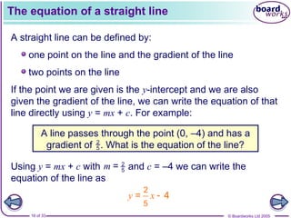 © Boardworks Ltd 2005
16 of 33
The equation of a straight line
A straight line can be defined by:
one point on the line and the gradient of the line
two points on the line
If the point we are given is the y-intercept and we are also
given the gradient of the line, we can write the equation of that
line directly using y = mx + c. For example:
Using y = mx + c with and c = –4 we can write the
equation of the line as
m 2
5
=
2
5
= 4
y x 
A line passes through the point (0, –4) and has a
gradient of . What is the equation of the line?
2
5
 