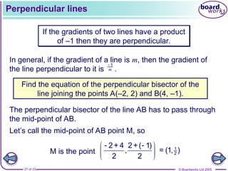 © Boardworks Ltd 2005
27 of 33
Perpendicular lines
If the gradients of two lines have a product
of –1 then they are perpendicular.
Find the equation of the perpendicular bisector of the
line joining the points A(–2, 2) and B(4, –1).
The perpendicular bisector of the line AB has to pass through
the mid-point of AB.
In general, if the gradient of a line is m, then the gradient of
the line perpendicular to it is .
1
m

Let’s call the mid-point of AB point M, so
M is the point
2+ 4 2+( 1)
, =
2 2
 
 
 
 
1
2
(1, )
 