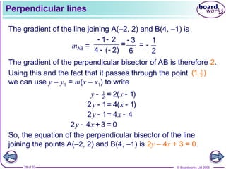 © Boardworks Ltd 2005
28 of 33
Perpendicular lines
The gradient of the line joining A(–2, 2) and B(4, –1) is
The gradient of the perpendicular bisector of AB is therefore 2.
1
2 = 2( 1)
y x
 
mAB =
1 2
=
4 ( 2)
 
 
3
=
6
 1
2

Using this and the fact that it passes through the point
we can use y – y1 = m(x – x1) to write
1
2
(1, )
2 1= 4( 1)
y x
 
2 1= 4 4
y x
 
2 4 +3 = 0
y x

So, the equation of the perpendicular bisector of the line
joining the points A(–2, 2) and B(4, –1) is 2y – 4x + 3 = 0.
 
