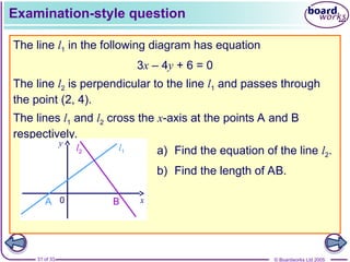 © Boardworks Ltd 2005
31 of 33
Examination-style question
The line l1 in the following diagram has equation
3x – 4y + 6 = 0
The line l2 is perpendicular to the line l1 and passes through
the point (2, 4).
The lines l1 and l2 cross the x-axis at the points A and B
respectively.
a) Find the equation of the line l2.
b) Find the length of AB.
l1
A 0 x
y
l2
B
 