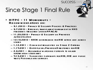Since Stage 1 Final Rule HITPC – 11 Workgroups – Recommendations on: 9.1.2010 – Privacy & Security Policies & Practices 9.7.2010 – Efficient, transparent enrollment in HHS programs (required under PPACA) 11.29.2010 – Privacy & Security on Provider authentication 12.16.2010 – NHIN governance for HIE within and across states 1.12.2011 – Comment requested on Stage 2 Criteria 1.14.2011 – Entity-Level Provider Directories for HIE 2.8.2011 – Accurately matching patients to health information standards 4.13.2011 – Suggested pathways for HIE; HIE and public trust; Federal data services   
