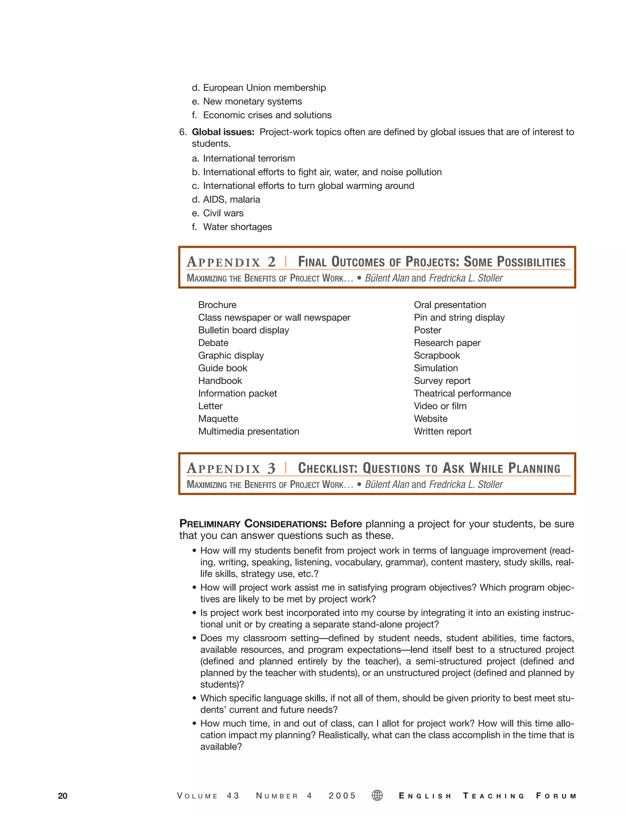 d. European Union membership
e. New monetary systems
f. Economic crises and solutions
6. Global issues: Project-work topics often are defined by global issues that are of interest to
students.
a. International terrorism
b. International efforts to fight air, water, and noise pollution
c. International efforts to turn global warming around
d. AIDS, malaria
e. Civil wars
f. Water shortages
Brochure Oral presentation
Class newspaper or wall newspaper Pin and string display
Bulletin board display Poster
Debate Research paper
Graphic display Scrapbook
Guide book Simulation
Handbook Survey report
Information packet Theatrical performance
Letter Video or film
Maquette Website
Multimedia presentation Written report
PRELIMINARY CONSIDERATIONS: Before planning a project for your students, be sure
that you can answer questions such as these.
• How will my students benefit from project work in terms of language improvement (read-
ing, writing, speaking, listening, vocabulary, grammar), content mastery, study skills, real-
life skills, strategy use, etc.?
• How will project work assist me in satisfying program objectives? Which program objec-
tives are likely to be met by project work?
• Is project work best incorporated into my course by integrating it into an existing instruc-
tional unit or by creating a separate stand-alone project?
• Does my classroom setting—defined by student needs, student abilities, time factors,
available resources, and program expectations—lend itself best to a structured project
(defined and planned entirely by the teacher), a semi-structured project (defined and
planned by the teacher with students), or an unstructured project (defined and planned by
students)?
• Which specific language skills, if not all of them, should be given priority to best meet stu-
dents’ current and future needs?
• How much time, in and out of class, can I allot for project work? How will this time allo-
cation impact my planning? Realistically, what can the class accomplish in the time that is
available?
20 V O L U M E 4 3 N U M B E R 4 2 0 0 5 E N G L I S H T E A C H I N G F O R U M
APPENDIX 2 | FINAL OUTCOMES OF PROJECTS: SOME POSSIBILITIES
MAXIMIZING THE BENEFITS OF PROJECT WORK… • Bülent Alan and Fredricka L. Stoller
APPENDIX 3 | CHECKLIST: QUESTIONS TO ASK WHILE PLANNING
MAXIMIZING THE BENEFITS OF PROJECT WORK… • Bülent Alan and Fredricka L. Stoller
05-0004 ETF_10_21 10/18/05 3:19 PM Page 20
 