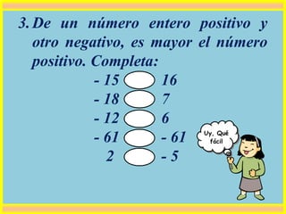 3.De un número entero positivo y
otro negativo, es mayor el número
positivo. Completa:
- 15 16
- 18 7
- 12 6
- 61 - 61
2 - 5
Uy, Qué
fácil
 
