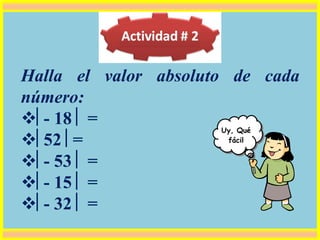 Halla el valor absoluto de cada
número:
- 18  =
52 =
- 53  =
- 15  =
- 32  =
Uy, Qué
fácil
 