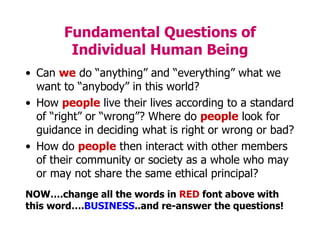 Fundamental Questions of
Individual Human Being
• Can we do “anything” and “everything” what we
want to “anybody” in this world?
• How people live their lives according to a standard
of “right” or “wrong”? Where do people look for
guidance in deciding what is right or wrong or bad?
• How do people then interact with other members
of their community or society as a whole who may
or may not share the same ethical principal?
NOW….change all the words in RED font above with
this word….BUSINESS..and re-answer the questions!
 