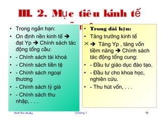 III. 2. Mụ c tiê u kinh tế
• Trong ngắn hạn: v ĩ mô dài hạ n:
                       • Trong
• On định nền kinh tế        • Tăng trưởng kinh tế
  đạt Yp  Chính sách tác       Tăng Yp , tăng vốn
  động tổng cầu:                tiềm năng  Chính sách
• - Chính sách tài khoá         tác động tổng cung:
• - Chính sách tiền tệ        • - Đầu tư giáo dục đào tạo.
• - Chính sách ngoại          • - Đầu tư cho khoa học,
  thương                        nghiên cứu.
• - Chính sách tỷ giá         • - Thu hút vốn, . . .
• - Chính sách thu
  nhập, . . .

 PhD. Thö Hoaøng        Chöông 1                       16
 