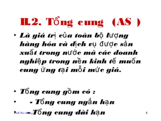 II.2. Tổ ng c ung (AS )
• Là giá trị củ a toàn bộ lượ ng
  hàng hóa và dị ch vụ đượ c sả n
  xuấ t trong nướ c mà các doanh
  nghiệ p trong nề n kinh tế muố n
  cung ứ ng tạ i mỗ i mứ c giá.


• Tổ ng cung gồ m có :
•    - Tổ ng cung ngắ n hạ n
•   - Tổ ng cung dài hạ n
PhD. Thö Hoaøng   Chöông 1           8
 
