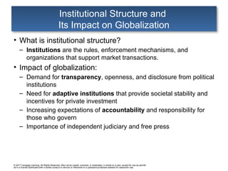 © 2017 Cengage Learning. All Rights Reserved. May not be copied, scanned, or duplicated, in whole or in part, except for use as permitt
ed in a license distributed with a certain product or service or otherwise on a password-protected website for classroom use.
Institutional Structure and
Its Impact on Globalization
• What is institutional structure?
– Institutions are the rules, enforcement mechanisms, and
organizations that support market transactions.
• Impact of globalization:
– Demand for transparency, openness, and disclosure from political
institutions
– Need for adaptive institutions that provide societal stability and
incentives for private investment
– Increasing expectations of accountability and responsibility for
those who govern
– Importance of independent judiciary and free press
 