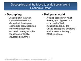 © 2017 Cengage Learning. All Rights Reserved. May not be copied, scanned, or duplicated, in whole or in part, except for use as permitt
ed in a license distributed with a certain product or service or otherwise on a password-protected website for classroom use.
• Decoupling
– A global shift in which
industrialized country-
dependent developing
economies grow based on
their own underlying
economic strengths rather
than those of highly-
developed countries
• Multipolar world
– A world economy in which
the engines of growth are
comprised of both
industrialized (e.g., the
United States) and emerging
market economies (e.g.,
BRIC countries)
Decoupling and the Move to a Multipolar World
Economic Order
 