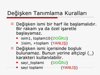 Değişken Tanımlama Kuralları  Değişken ismi bir harf ile başlamalıdır. Bir rakam ya da özel işaretle başlayamaz. isim1, toplam10 ( DOĞRU ) 1isim, +toplam ( YANLIŞ ) Değişken ismi içerisinde boşluk bulunamaz. Bunun yerine altçizgi (_) karakteri kullanılabilir. sayi_toplami ( DOĞRU ) sayi toplami ( YANLIŞ ) 