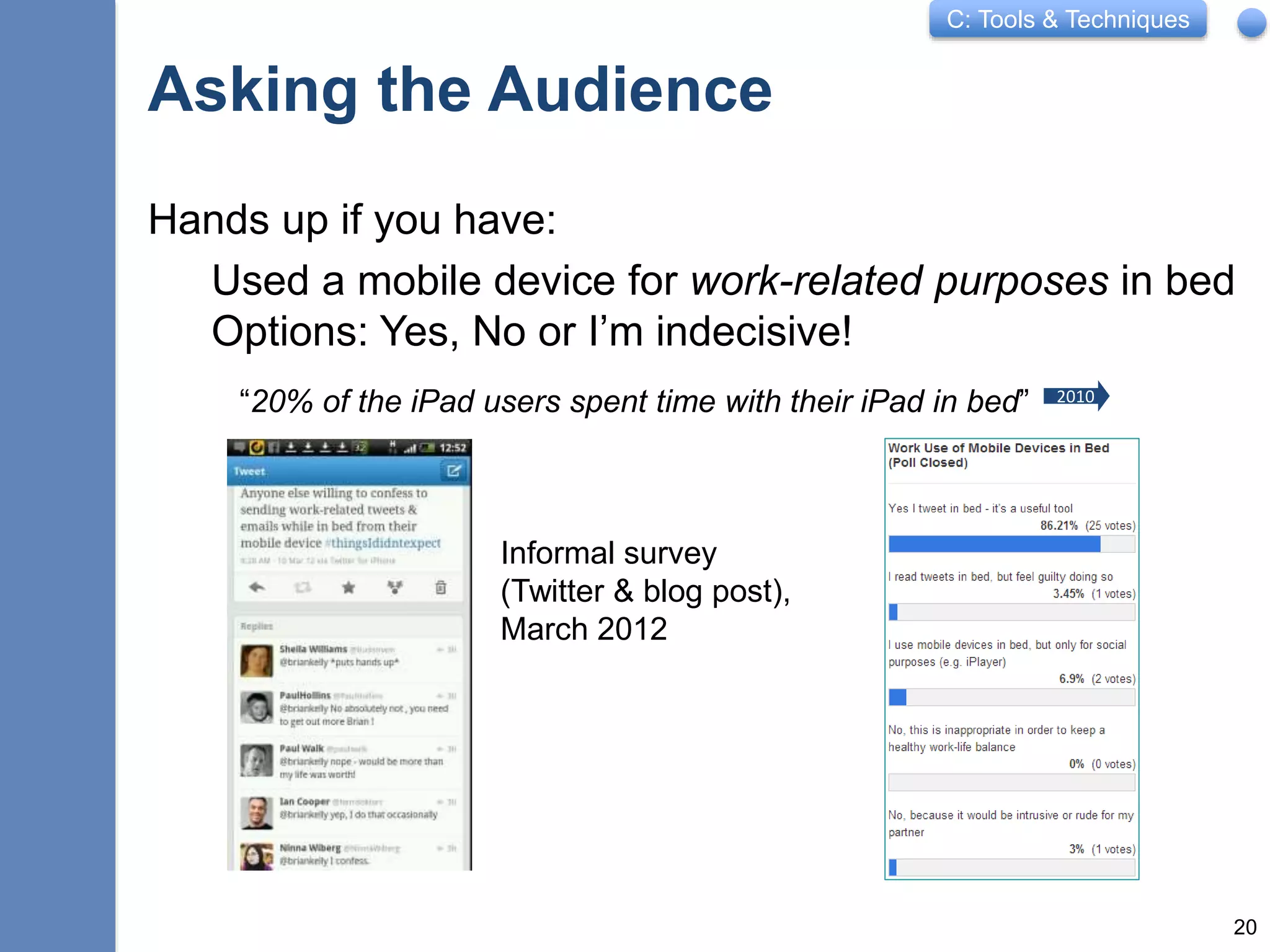 C: Tools & Techniques
Asking the Audience
Hands up if you have:
Used a mobile device for work-related purposes in bed
Options: Yes, No or I’m indecisive!
20
“20% of the iPad users spent time with their iPad in bed” 2010
Informal survey
(Twitter & blog post),
March 2012
 
