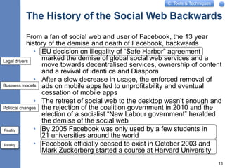 C: Tools & Techniques
The History of the Social Web Backwards
From a fan of social web and user of Facebook, the 13 year
history of the demise and death of Facebook, backwards
• EU decision on illegality of “Safe Harbor” agreement
marked the demise of global social web services and a
move towards decentralised services, ownership of content
and a revival of identi.ca and Diaspora
• After a slow decrease in usage, the enforced removal of
ads on mobile apps led to unprofitability and eventual
cessation of mobile apps
• The retreat of social web to the desktop wasn’t enough and
the rejection of the coalition government in 2010 and the
election of a socialist “New Labour government” heralded
the demise of the social web
• By 2005 Facebook was only used by a few students in
21 universities around the world
• Facebook officially ceased to exist in October 2003 and
Mark Zuckerberg started a course at Harvard University
13
Legal drivers
Business models
Political changes
Reality
Reality
 