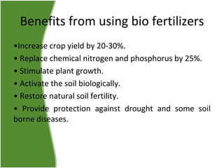 Benefits from using bio fertilizers
•Increase crop yield by 20-30%.
• Replace chemical nitrogen and phosphorus by 25%.
• Stimulate plant growth.
• Activate the soil biologically.
• Restore natural soil fertility.
• Provide protection against drought and some soil
borne diseases.

 