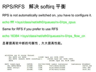 RPS/RFS   解决 softirq 平衡 RPS is not automatically switched on, you have to configure it.    echo ffff >/sys/class/net/eth0/queues/rx-0/rps_cpus   Same for RFS if you prefer to use RFS  echo 16384 >/sys/class/net/eth0/queues/rx-0/rps_flow_cn   显著提高软中断的均衡性，大大提高性能。        
