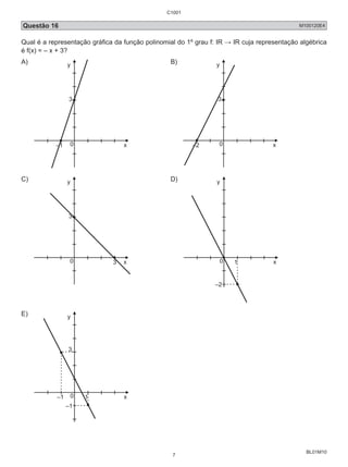 Questão 16 M100120E4 
Qual é a representação gráfica da função polinomial do 1º grau f: IR → IR cuja representação algébrica 
é f(x) = – x + 3? 
A) y 
BL01M10 
3 
–1 0 x 
B) y 
3 
–2 0 x 
C) y 
3 
0 3 x 
D) y 
0 1 x 
–2 
E) y 
3 
–1 0 1 x 
–1 
C1001 
7 
 