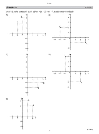 Questão 43 M100209C2 
Qual é o plano cartesiano cujos pontos F(2, – 2) e G( – 1,3) estão representados? 
A) 
y 
0 x 
y 
0 x 
BL02M10 
y 
3 
2 
1 
0 x 
–3 –2 –1 1 2 3 
–1 
–2 
–3 
G 
F 
B) 
4 
3 
2 
1 
–3 –2 –1 1 2 3 
–1 
–2 
G 
F 
C) 
y 
4 
3 
2 
1 
0 x 
–3 –2 –1 1 2 3 
–1 
–2 
–3 
G 
F 
D) 
3 
2 
1 
–3 –2 –1 1 2 3 
–1 
–2 
–3 
G 
F 
E) 
y 
3 
2 
1 
0 x 
–2 –1 1 2 
–1 
–2 
G 
F 
C1001 
22 
 