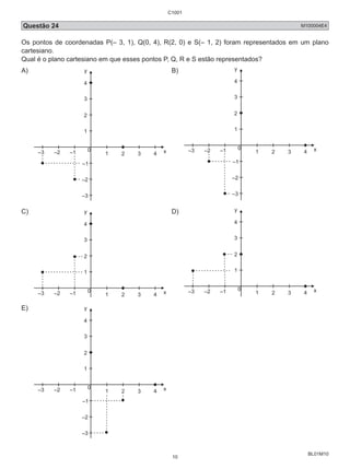 Questão 24 M100004E4 
Os pontos de coordenadas P(– 3, 1), Q(0, 4), R(2, 0) e S(– 1, 2) foram representados em um plano 
cartesiano. 
Qual é o plano cartesiano em que esses pontos P, Q, R e S estão representados? 
A) 
BL01M10 
y 
4 
3 
2 
1 
0 
–3 –2 –1 1 2 3 4 x 
–1 
–2 
–3 
B) 
4 
3 
2 
1 
0 
–3 –2 –1 1 
–1 
–2 
–3 
2 3 4 x 
C) 
y 
4 
3 
2 
1 
0 
–3 –2 –1 1 2 3 4 x 
D) 
4 
3 
2 
1 
0 
–3 –2 –1 1 2 3 4 x 
E) 
y 
4 
3 
2 
1 
0 
–3 –2 –1 1 2 3 4 x 
–1 
–2 
–3 
C1001 
10 
 