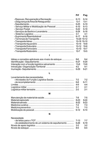 Prf Pag 
- Repouso, Recuperação e Recreação ................................... 6-13 6-14 
- (Segurança de Área de Retaguarda) .................................... 13-1 13-1 
- Sepultamento....................................................................... 6-25 6-19 
- Serviço Militar e Mobilização de Pessoal ............................. 6-10 6-13 
- Serviço Postal ..................................................................... 6-22 6-18 
- Serviços de Banho e Lavanderia .......................................... 6-24 6-18 
- Sistema Logístico ................................................................ 3-1 3-1 
- Suprimento Reembolsável ................................................... 6-17 6-16 
- Terminais de Transporte ....................................................... 10-20 10-12 
- Transporte Aéreo ................................................................. 10-18 10-10 
- Transporte Aquaviário .......................................................... 10-14 10-8 
- Transporte Dutoviário ........................................................... 10-12 10-8 
- Transporte Ferroviário .......................................................... 10-10 10-7 
- Transporte Rodoviário .......................................................... 10-7 10-5 
I 
Idéias e conceitos aplicáveis aos níveis de estoque ................... 8-6 8-4 
Identificação - Sepultamento ....................................................... 6-27 6-20 
Interação com a função logística salvamento ............................. 13-8 13-6 
Introdução - Organização Territorial ............................................ 4-2 4-1 
Inumação - Sepultamento ........................................................... 6-29 6-21 
L 
Levantamento das necessidades 
- Atividades da Função Logística Saúde ................................ 7-2 7-2 
- de recompletamento ............................................................ 6-8 6-11 
Limites ........................................................................................ 4-9 4-4 
Logística militar .......................................................................... 2-1 2-1 
Logística militar terrestre ............................................................. 2-2 2-1 
M 
Manutenção de material de saúde ............................................... 7-8 7-5 
Material capturado ...................................................................... 8-23 8-24 
Material salvado .......................................................................... 8-22 8-23 
Medicina curativa ........................................................................ 7-4 7-3 
Medicina preventiva .................................................................... 7-3 7-3 
Mobilização de pessoal ............................................................... 6-12 6-14 
N 
Necessidade 
- de leitos para o TOT ............................................................ 7-13 7-7 
- do estabelecimento de um sistema de sepultamento ........... 6-26 6-19 
Níveis de apoio logístico ............................................................. 3-3 3-2 
Níveis de estoque ....................................................................... 8-5 8-4 
 