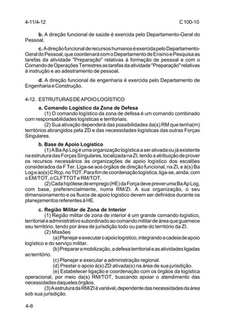 C 100-10 
4-11/4-12 
4-6 
b. A direção funcional de saúde é exercida pelo Departamento-Geral do 
Pessoal. 
c. A direção funcional de recursos humanos é exercida pelo Departamento- 
Geral do Pessoal, que coordenará com o Departamento de Ensino e Pesquisa as 
tarefas da atividade "Preparação" relativas à formação de pessoal e com o 
Comando de Operações Terrestres as tarefas da atividade "Preparação" relativas 
à instrução e ao adestramento de pessoal. 
d. A direção funcional de engenharia é exercida pelo Departamento de 
Engenharia e Construção. 
4-12. ESTRUTURAS DE APOIO LOGÍSTICO 
a. Comando Logístico da Zona de Defesa 
(1) O comando logístico da zona de defesa é um comando combinado 
com responsabilidades logísticas e territoriais. 
(2) Sua ativação dependerá das possibilidades da(s) RM que tenha(m) 
territórios abrangidos pela ZD e das necessidades logísticas das outras Forças 
Singulares. 
b. Base de Apoio Logístico 
(1) A Ba Ap Log é uma organização logística a ser ativada ou já existente 
na estrutura das Forças Singulares, localizada na ZI, tendo a atribuição de prover 
os recursos necessários às organizações de apoio logístico dos escalões 
considerados da F Ter. Liga-se aos órgãos de direção funcional, na ZI, e à(s) Ba 
Log e ao(s) C Rcp, no TOT. Para fim de coordenação logística, liga-se, ainda, com 
o EM/TOT, o CLFTTOT e RM/TOT. 
(2) Cada hipótese de emprego (HE) da Força deve prever uma Ba Ap Log, 
com base, preferencialmente, numa RM/ZI. A sua organização, o seu 
dimensionamento e os fluxos de apoio logístico devem ser definidos durante os 
planejamentos referentes à HE. 
c. Região Militar de Zona de Interior 
(1) Região militar de zona de interior é um grande comando logístico, 
territorial e administrativo subordinado ao comando militar de área que guarnece 
seu território, tendo por área de jurisdição todo ou parte do território da ZI. 
(2) Missões 
(a) Planejar e executar o apoio logístico, integrando a cadeia de apoio 
logístico e do serviço militar. 
(b) Preparar a mobilização, a defesa territorial e as atividades ligadas 
ao território. 
(c) Planejar e executar a administração regional. 
(d) Prestar o apoio à(s) ZD ativada(s) na área de sua jurisdição. 
(e) Estabelecer ligação e coordenação com os órgãos da logística 
operacional, por meio da(s) RM/TOT, buscando apoiar o atendimento das 
necessidades daqueles órgãos. 
(3) A estrutura da RM/ZI é variável, dependente das necessidades da área 
sob sua jurisdição. 
 