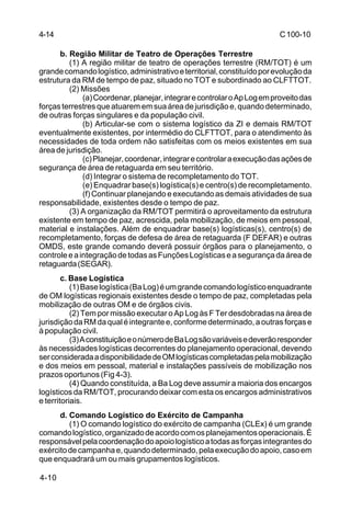 C 100-10 
4-14 
4-10 
b. Região Militar de Teatro de Operações Terrestre 
(1) A região militar de teatro de operações terrestre (RM/TOT) é um 
grande comando logístico, administrativo e territorial, constituído por evolução da 
estrutura da RM de tempo de paz, situado no TOT e subordinado ao CLFTTOT. 
(2) Missões 
(a) Coordenar, planejar, integrar e controlar o Ap Log em proveito das 
forças terrestres que atuarem em sua área de jurisdição e, quando determinado, 
de outras forças singulares e da população civil. 
(b) Articular-se com o sistema logístico da ZI e demais RM/TOT 
eventualmente existentes, por intermédio do CLFTTOT, para o atendimento às 
necessidades de toda ordem não satisfeitas com os meios existentes em sua 
área de jurisdição. 
(c) Planejar, coordenar, integrar e controlar a execução das ações de 
segurança de área de retaguarda em seu território. 
(d) Integrar o sistema de recompletamento do TOT. 
(e) Enquadrar base(s) logística(s) e centro(s) de recompletamento. 
(f) Continuar planejando e executando as demais atividades de sua 
responsabilidade, existentes desde o tempo de paz. 
(3) A organização da RM/TOT permitirá o aproveitamento da estrutura 
existente em tempo de paz, acrescida, pela mobilização, de meios em pessoal, 
material e instalações. Além de enquadrar base(s) logísticas(s), centro(s) de 
recompletamento, forças de defesa de área de retaguarda (F DEFAR) e outras 
OMDS, este grande comando deverá possuir órgãos para o planejamento, o 
controle e a integração de todas as Funções Logísticas e a segurança da área de 
retaguarda (SEGAR). 
c. Base Logística 
(1) Base logística (Ba Log) é um grande comando logístico enquadrante 
de OM logísticas regionais existentes desde o tempo de paz, completadas pela 
mobilização de outras OM e de órgãos civis. 
(2) Tem por missão executar o Ap Log às F Ter desdobradas na área de 
jurisdição da RM da qual é integrante e, conforme determinado, a outras forças e 
à população civil. 
(3) A constituição e o número de Ba Log são variáveis e deverão responder 
às necessidades logísticas decorrentes do planejamento operacional, devendo 
ser considerada a disponibilidade de OM logísticas completadas pela mobilização 
e dos meios em pessoal, material e instalações passíveis de mobilização nos 
prazos oportunos (Fig 4-3). 
(4) Quando constituída, a Ba Log deve assumir a maioria dos encargos 
logísticos da RM/TOT, procurando deixar com esta os encargos administrativos 
e territoriais. 
d. Comando Logístico do Exército de Campanha 
(1) O comando logístico do exército de campanha (CLEx) é um grande 
comando logístico, organizado de acordo com os planejamentos operacionais. É 
responsável pela coordenação do apoio logístico a todas as forças integrantes do 
exército de campanha e, quando determinado, pela execução do apoio, caso em 
que enquadrará um ou mais grupamentos logísticos. 
 