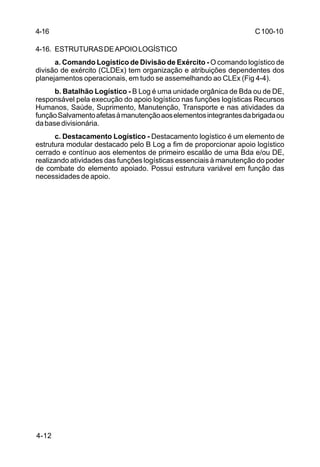 C 100-10 
4-16 
4-16. ESTRUTURAS DE APOIO LOGÍSTICO 
4-12 
a. Comando Logístico de Divisão de Exército - O comando logístico de 
divisão de exército (CLDEx) tem organização e atribuições dependentes dos 
planejamentos operacionais, em tudo se assemelhando ao CLEx (Fig 4-4). 
b. Batalhão Logístico - B Log é uma unidade orgânica de Bda ou de DE, 
responsável pela execução do apoio logístico nas funções logísticas Recursos 
Humanos, Saúde, Suprimento, Manutenção, Transporte e nas atividades da 
função Salvamento afetas à manutenção aos elementos integrantes da brigada ou 
da base divisionária. 
c. Destacamento Logístico - Destacamento logístico é um elemento de 
estrutura modular destacado pelo B Log a fim de proporcionar apoio logístico 
cerrado e contínuo aos elementos de primeiro escalão de uma Bda e/ou DE, 
realizando atividades das funções logísticas essenciais à manutenção do poder 
de combate do elemento apoiado. Possui estrutura variável em função das 
necessidades de apoio. 
 