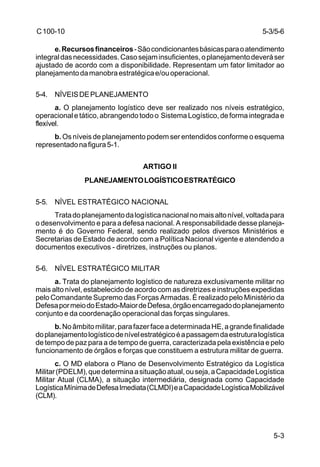 5-3/5-6 
5-3 
C 100-10 
e. Recursos financeiros - São condicionantes básicas para o atendimento 
integral das necessidades. Caso sejam insuficientes, o planejamento deverá ser 
ajustado de acordo com a disponibilidade. Representam um fator limitador ao 
planejamento da manobra estratégica e/ou operacional. 
5-4. NÍVEIS DE PLANEJAMENTO 
a. O planejamento logístico deve ser realizado nos níveis estratégico, 
operacional e tático, abrangendo todo o Sistema Logístico, de forma integrada e 
flexível. 
b. Os níveis de planejamento podem ser entendidos conforme o esquema 
representado na figura 5-1. 
ARTIGO II 
PLANEJAMENTO LOGÍSTICO ESTRATÉGICO 
5-5. NÍVEL ESTRATÉGICO NACIONAL 
Trata do planejamento da logística nacional no mais alto nível, voltada para 
o desenvolvimento e para a defesa nacional. A responsabilidade desse planeja-mento 
é do Governo Federal, sendo realizado pelos diversos Ministérios e 
Secretarias de Estado de acordo com a Política Nacional vigente e atendendo a 
documentos executivos - diretrizes, instruções ou planos. 
5-6. NÍVEL ESTRATÉGICO MILITAR 
a. Trata do planejamento logístico de natureza exclusivamente militar no 
mais alto nível, estabelecido de acordo com as diretrizes e instruções expedidas 
pelo Comandante Supremo das Forças Armadas. É realizado pelo Ministério da 
Defesa por meio do Estado-Maior de Defesa, órgão encarregado do planejamento 
conjunto e da coordenação operacional das forças singulares. 
b. No âmbito militar, para fazer face a determinada HE, a grande finalidade 
do planejamento logístico de nível estratégico é a passagem da estrutura logística 
de tempo de paz para a de tempo de guerra, caracterizada pela existência e pelo 
funcionamento de órgãos e forças que constituem a estrutura militar de guerra. 
c. O MD elabora o Plano de Desenvolvimento Estratégico da Logística 
Militar (PDELM), que determina a situação atual, ou seja, a Capacidade Logística 
Militar Atual (CLMA), a situação intermediária, designada como Capacidade 
Logística Mínima de Defesa Imediata (CLMDI) e a Capacidade Logística Mobilizável 
(CLM). 
 