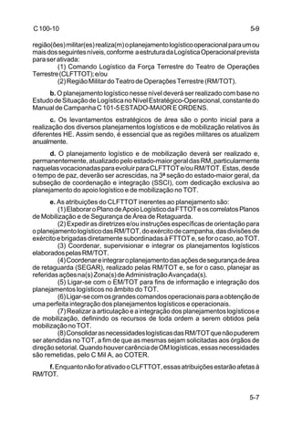 5-7 
C 100-10 
região(ões) militar(es) realiza(m) o planejamento logístico operacional para um ou 
mais dos seguintes níveis, conforme a estrutura da Logística Operacional prevista 
para ser ativada: 
(1) Comando Logístico da Força Terrestre do Teatro de Operações 
Terrestre (CLFTTOT); e/ou 
(2) Região Militar do Teatro de Operações Terrestre (RM/TOT). 
b. O planejamento logístico nesse nível deverá ser realizado com base no 
Estudo de Situação de Logística no Nível Estratégico-Operacional, constante do 
Manual de Campanha C 101-5 ESTADO-MAIOR E ORDENS. 
c. Os levantamentos estratégicos de área são o ponto inicial para a 
realização dos diversos planejamentos logísticos e de mobilização relativos às 
diferentes HE. Assim sendo, é essencial que as regiões militares os atualizem 
anualmente. 
d. O planejamento logístico e de mobilização deverá ser realizado e, 
permanentemente, atualizado pelo estado-maior geral das RM, particularmente 
naquelas vocacionadas para evoluir para CLFTTOT e/ou RM/TOT. Estas, desde 
o tempo de paz, deverão ser acrescidas, na 3ª seção do estado-maior geral, da 
subseção de coordenação e integração (SSCI), com dedicação exclusiva ao 
planejamento do apoio logístico e de mobilização no TOT. 
e. As atribuições do CLFTTOT inerentes ao planejamento são: 
(1) Elaborar o Plano de Apoio Logístico da FTTOT e os correlatos Planos 
de Mobilização e de Segurança de Área de Retaguarda. 
(2) Expedir as diretrizes e/ou instruções específicas de orientação para 
o planejamento logístico das RM/TOT, do exército de campanha, das divisões de 
exército e brigadas diretamente subordinadas à FTTOT e, se for o caso, ao TOT. 
(3) Coordenar, supervisionar e integrar os planejamentos logísticos 
elaborados pelas RM/TOT. 
(4) Coordenar e integrar o planejamento das ações de segurança de área 
de retaguarda (SEGAR), realizado pelas RM/TOT e, se for o caso, planejar as 
referidas ações na(s) Zona(s) de Administração Avançada(s). 
(5) Ligar-se com o EM/TOT para fins de informação e integração dos 
planejamentos logísticos no âmbito do TOT. 
(6) Ligar-se com os grandes comandos operacionais para a obtenção de 
uma perfeita integração dos planejamentos logísticos e operacionais. 
(7) Realizar a articulação e a integração dos planejamentos logísticos e 
de mobilização, definindo os recursos de toda ordem a serem obtidos pela 
mobilização no TOT. 
(8) Consolidar as necessidades logísticas das RM/TOT que não puderem 
ser atendidas no TOT, a fim de que as mesmas sejam solicitadas aos órgãos de 
direção setorial. Quando houver carência de OM logísticas, essas necessidades 
são remetidas, pelo C Mil A, ao COTER. 
f. Enquanto não for ativado o CLFTTOT, essas atribuições estarão afetas à 
RM/TOT. 
5-9 
 