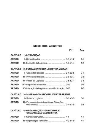 ÍNDICE DOS ASSUNTOS 
Prf Pag 
CAPÍTULO 1 - INTRODUÇÃO 
ARTIGO I - Generalidades ........................................ 1-1 e 1-2 1-1 
ARTIGO II - Evolução da Logística ............................. 1-3 e 1-4 1-2 
CAPÍTULO 2 - FUNDAMENTOS DA LOGÍSTICA MILITAR 
ARTIGO I - Conceitos Básicos ................................. 2-1 a 2-5 2-1 
ARTIGO II - Princípios Básicos .................................. 2-6 e 2-7 2-2 
ARTIGO III - Fases da Logística ................................. 2-8 a 2-11 2-3 
ARTIGO IV - Logística Combinada .............................. 2-12 2-6 
ARTIGO V - Interação da Logística com a Mobilização . 2-13 2-7 
CAPÍTULO 3 - SISTEMA LOGÍSTICO MILITAR TERRESTRE 
ARTIGO I - Sistema Logístico ................................... 3-1 a 3-3 3-1 
ARTIGO II - Formas de Apoio Logístico e Situações 
de Comando ........................................... 3-4 e 3-5 3-3 
CAPÍTULO 4 - ORGANIZAÇÃO TERRITORIAL E 
ORGANIZAÇÃO DA LOGÍSTICA 
ARTIGO I - Concepção Geral .................................... 4-1 4-1 
ARTIGO II - Organização Territorial ............................ 4-2 a 4-9 4-1 
 