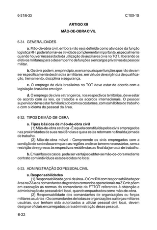 C 100-10 
6-31/6-33 
6-22 
ARTIGO XII 
MÃO-DE-OBRA CIVIL 
6-31. GENERALIDADES 
a. Mão-de-obra civil, embora não seja definida como atividade da função 
logística RH, poderá tornar-se atividade complementar importante, especialmente 
quando houver necessidade da utilização de auxiliares civis no TOT, liberando os 
efetivos militares para o desempenho de funções e encargos privativos do pessoal 
militar. 
b. Os civis podem, em princípio, exercer quaisquer funções que não devam 
ser especificamente destinadas a militares, em virtude de exigência de qualifica-ção, 
treinamento, disciplina e segurança. 
c. O emprego de civis brasileiros no TOT deve estar de acordo com a 
legislação brasileira em vigor. 
d. O emprego de civis estrangeiros, nos respectivos territórios, deve estar 
de acordo com as leis, os tratados e os acordos internacionais. O pessoal 
supervisor deve estar familiarizado com os costumes, com os hábitos de trabalho 
e com o idioma do pessoal da área. 
6-32. TIPOS DE MÃO-DE-OBRA 
a. Tipos básicos de mão-de-obra civil 
(1) Mão-de-obra estática - É aquela constituída pelos civis empregados 
nas proximidades de suas residências e que a estas retornam no final da jornada 
de trabalho. 
(2) Mão-de-obra móvel - Compreende os civis empregados com a 
condição de se deslocarem para as regiões onde se tornem necessários, sem a 
restrição de regresso às respectivas residências ao final da jornada de trabalho. 
b. Em ambos os casos, pode ser vantajoso obter-se mão-de-obra mediante 
contrato com indivíduos estabelecidos no local. 
6-33. ADMINISTRAÇÃO DO PESSOAL CIVIL 
a. Responsabilidades 
(1) Responsabilidade geral de área - O Cmt RM com responsabilidade por 
área na ZA e os comandantes de grandes comandos operacionais na Z Cmb põem 
em execução as normas do comandante da FTTOT referentes à obtenção e 
administração do pessoal civil local, quando enquadrados como mão-de-obra. 
(2) Responsabilidade dos comandantes de organizações ou forças 
militares usuárias - Os comandantes de todas as organizações ou forças militares 
usuárias, que tenham sido autorizados a utilizar pessoal civil local, devem 
designar oficiais encarregados para administração desse pessoal. 
 