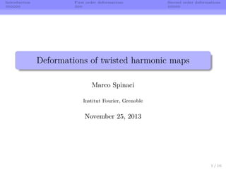 Introduction First order deformations Second order deformations
Deformations of twisted harmonic maps
Marco Spinaci
Institut Fourier, Grenoble
November 25, 2013
1 / 16
 