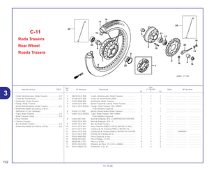 Ref.
Qtd.
Item de serviço T.M.O. Nº da peça Descrição C-100 BIZ Nota Nº de série
Nº
W Y ES
1 06410-GCE-900 Coxim, Amortecedor, Roda Traseira ....................... 1 1 1 .............. ..................... .......................
2 41200-GCE-900 Coroa de Transmissão (35D)................................... 1 1 1 .............. ..................... .......................
3 42303-KBA-900 Deslizador, Roda Traseira ....................................... 1 1 1 .............. ..................... .......................
4 42304-GCE-900 Bucha Esquerda Lateral, Roda Traseira ................. 1 1 1 .............. ..................... .......................
5 42611-GCE-900ZA Flange, Roda Traseira *NH-109MS*
Prata Metálica Especial ........................................ 1 1 1 .............. ..................... .......................
6 42620-121-000 Bucha Distanciadora Roda Traseira........................ 1 1 1 .............. ..................... .......................
7 42601-GCE-900ZA Cubo, Roda Traseira *NH-109MS*
Prata Metálica Especial ........................................ 1 1 1 .............. ..................... .......................
8 42653-001-004 Anel de Vedação, 40,5 x 3 (NIPPON DUST KEEPER).. 1 1 1 .............. ..................... .......................
42653-GCE-940 Anel de Vedação, 40,5 x 3........................................... 1 1 1 ............... ...................... .........................
9 42701-GCE-901 Aro da Roda Traseira............................................... 1 1 1 .............. ..................... .......................
10 42711-GCE-901 Pneu Traseiro (PIRELLI MT15) (80/100-14 49L)...... 1 1 1 .............. ..................... .......................
11 42712-GCE-901 Câmara de Ar Traseira (PIRELLI 80/100-14)........... 1 1 1 .............. ..................... .......................
*12 06427-GCE-P00 Câmara de Ar Traseira (PIRELLI 80/100-14) TUFFUP) 1 1 1 .............. 1R000001~
13 42713-GCE-900 Protetor da Câmara de Ar........................................ 1 1 1 .............. ..................... .......................
14 90302-KBP-900 Porca Especial, 6 mm.............................................. 1 1 1 .............. ..................... .......................
15 90306-KF0-003 Porca Flange, 12 mm............................................... 1 1 1 .............. ..................... .......................
16 90309-ML3-791 Porca U, 8 mm......................................................... 4 4 4 .............. ..................... .......................
17 90753-GK4-003 Retentor de Óleo, 27 x 40 x 6 (ARAI) ...................... 1 1 1 .............. ..................... .......................
18 92912-08025-3E Prisioneiro, 2,8 x 25 ................................................. 4 4 4 .............. ..................... .......................
C-11
Roda Traseira
Rear Wheel
Rueda Trasera
132
15.10.00
Coxim, Amortecedor, Roda Traseira.....................0,3
Coroa de Transmissão ..........................................0,4
• Deslizador, Roda Traseira
• Flange, Roda Traseira
Bucha Distanciadora, Roda Traseira ....................0,5
• Rolamento Radial de Esferas, 6301U
(Adicionar 0,1 por Unidade)
Cubo, Roda Traseira .............................................2,4
Roda Traseira Comp. ............................................0,9
• Pneu Traseiro
• Câmara Traseira
Aro da Roda Traseira ............................................2,3
Rolamento Radial de Esferas, 6203U....................0,6
3
 