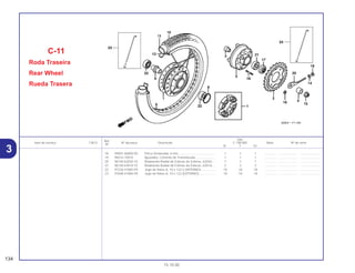 Ref.
Qtd.
Item de serviço T.M.O. Nº da peça Descrição C-100 BIZ Nota Nº de série
Nº
W Y ES
18 94001-06000-0S Porca Sextavada, 6 mm........................................... 1 1 1 .............. ..................... .......................
19 95014-10010 Ajustador, Corrente de Transmissão....................... 1 1 1 .............. ..................... .......................
20 96140-62030-10 Rolamento Radial de Esferas de Esferas, 6203U.... 1 1 1 .............. ..................... .......................
21 96140-63010-10 Rolamento Radial de Esferas de Esferas, 6301U.... 2 2 2 .............. ..................... .......................
22 97230-41085-P0 Jogo de Raios A, 10 x 122,5 (INTERNO)................. 18 18 18 .............. ..................... .......................
23 97658-41084-P0 Jogo de Raios A, 10 x 122 (EXTERNO)................... 18 18 18 .............. ..................... .......................
C-11
Roda Traseira
Rear Wheel
Rueda Trasera
134
15.10.00
3
 