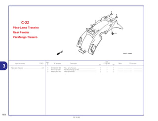Ref.
Qtd.
Item de serviço T.M.O. Nº da peça Descrição C-100 BIZ Nota Nº de série
Nº
W Y ES
1 80100-GCE-900 Pára-lama Traseiro................................................... 1 1 1 .............. ..................... .......................
2 90111-162-000 Parafuso Flange, 6 mm............................................ 2 2 2 .............. ..................... .......................
3 90683-GAZ-003 Pino de Pressão....................................................... 2 2 2 .............. ..................... .......................
C-22
Pára-Lama Traseiro
Rear Fender
Parafango Trasero
164
15.10.00
Pára-lama Traseiro ................................................0,7
3
 